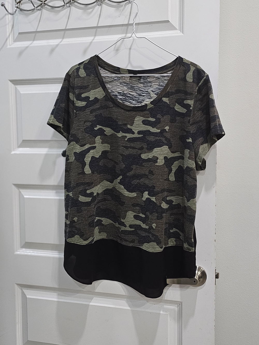 Express Olive & Black Camo Short-Sleeve Top with Sheer Black Hem